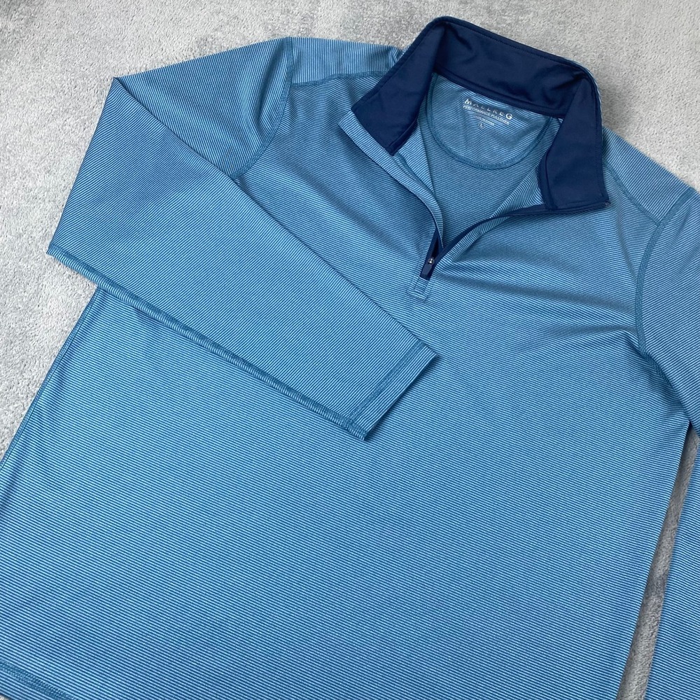 Maelreg Mens Large Performance Pullover Blue Striped Quarter Zip Long Sleeve